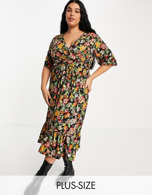 Yours wrap front midi dress in floral print