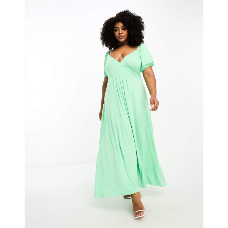 asos green wrap dress ASOS DESIGN Bridesmaid satin bardot drape wrap maxi dress in sage gree –  ASOS Sample Sale main image 1