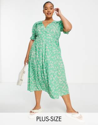 Yours Yours wrap midi dress in green daisy
