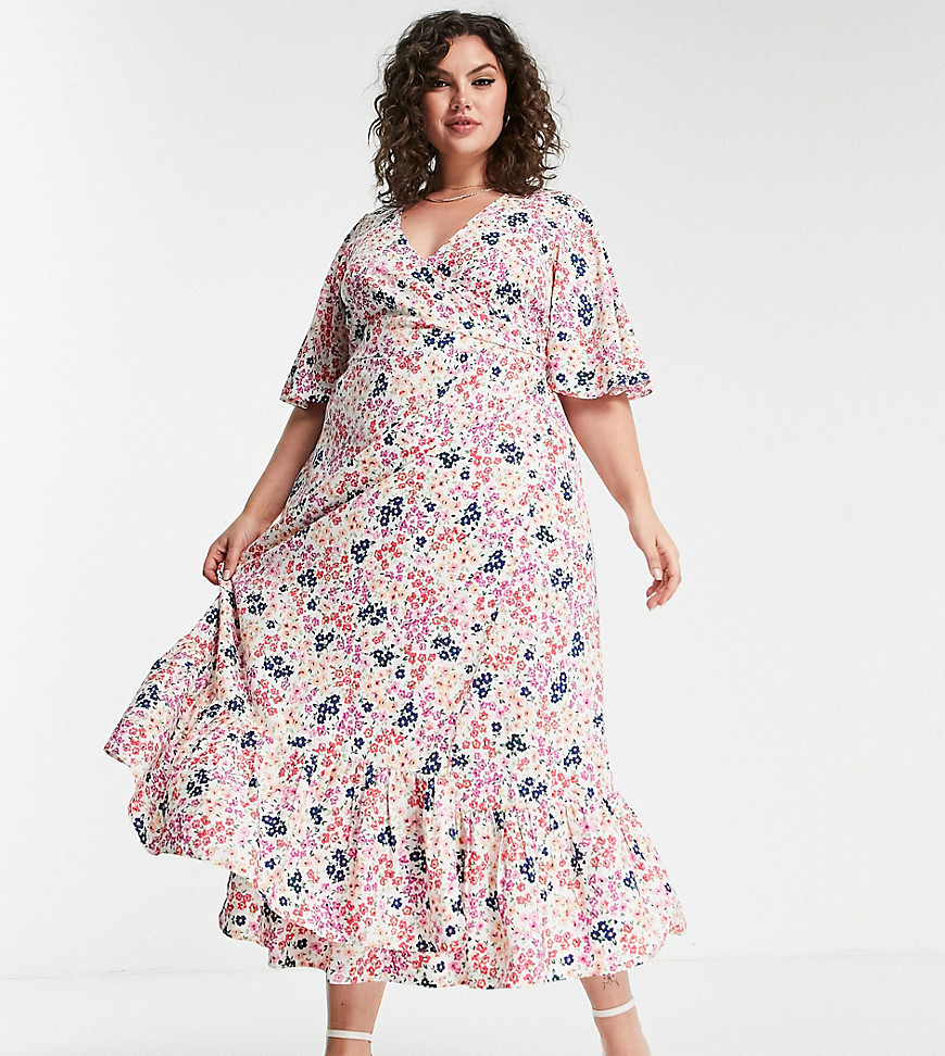 Yours Wrap Midi Dress With Tiered Hem In White Ditsy Floral