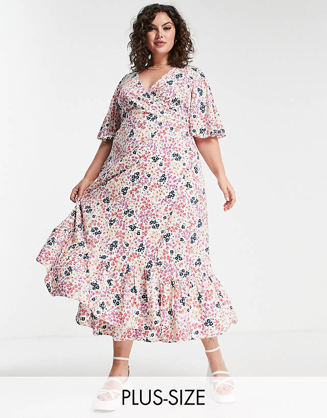 Yours - wrap midi dress with tiered hem in white ditsy floral