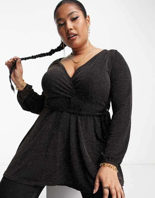 YOURS Curve Plus Size Black & Purple Glitter Frill Sleeve Tunic