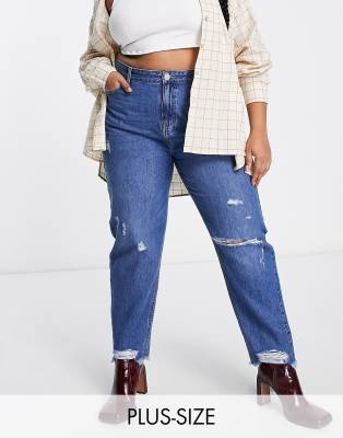 Yours - Zerrissene Mom-Jeans in Mittelblau