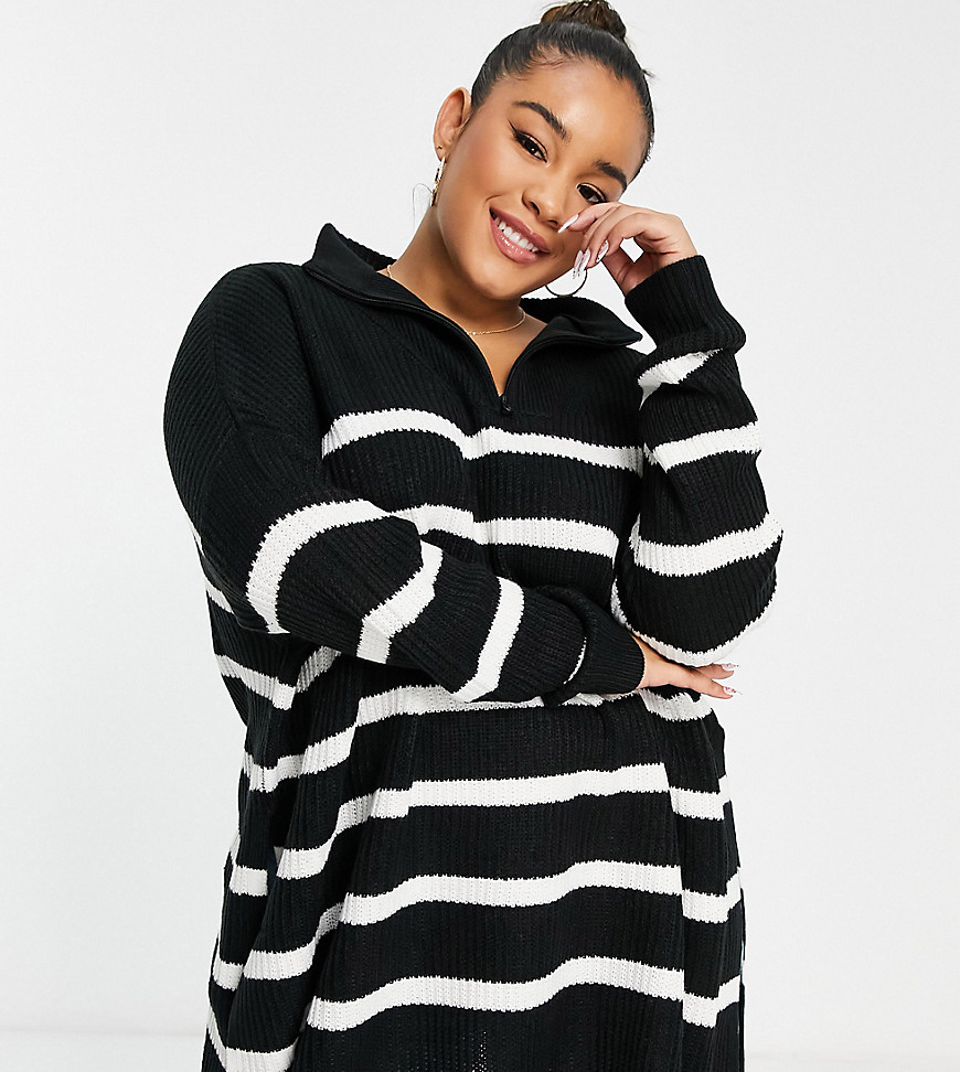 Yours zip through sweater in black stripe