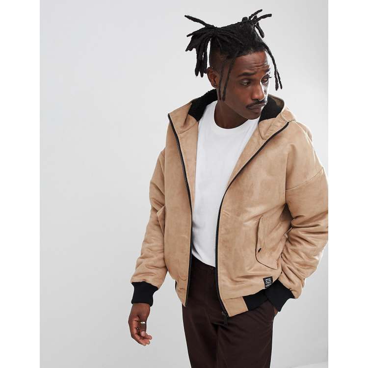 YOURTURN Borg Lined Faux Suede Bomber Jacket In Stone ASOS