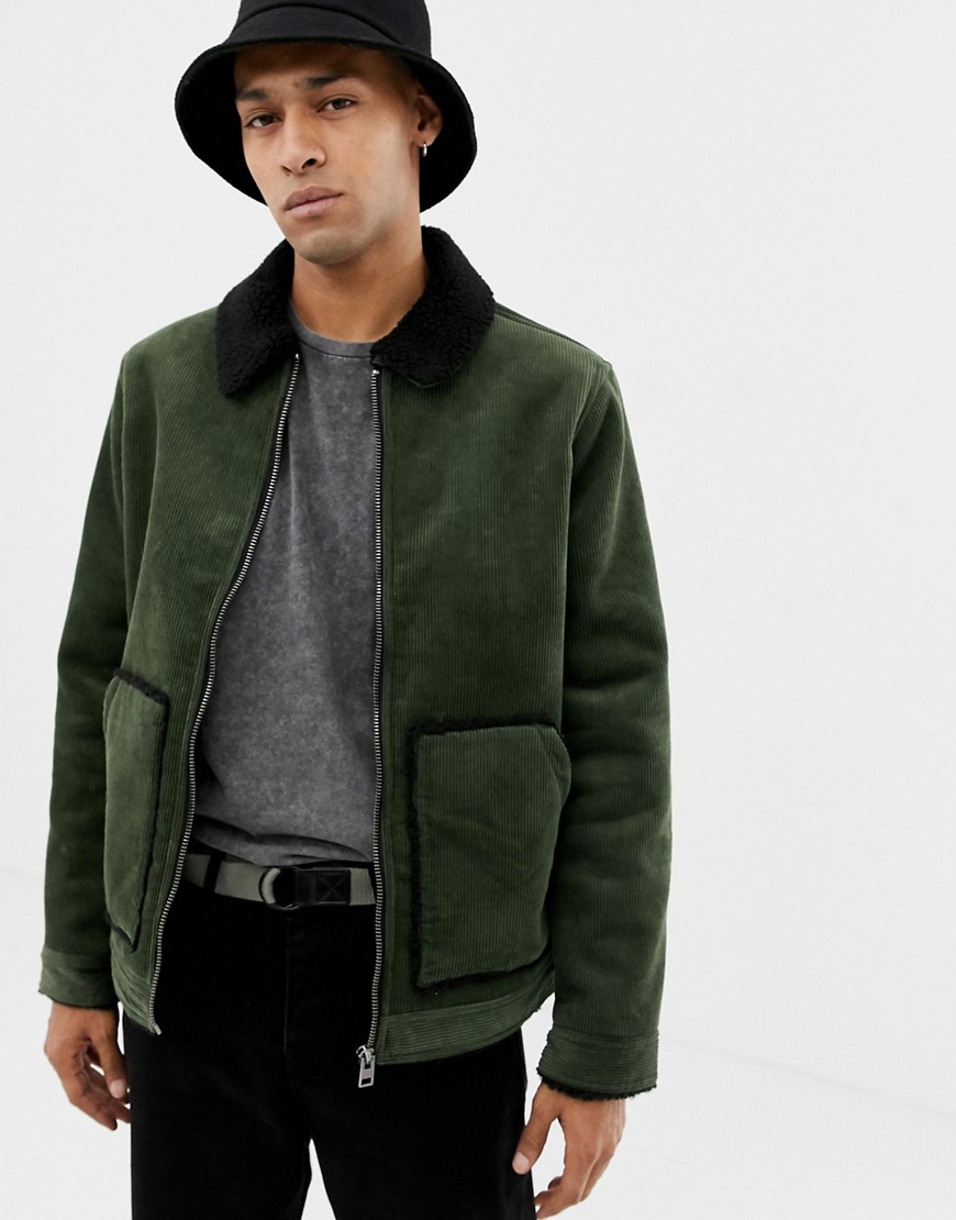 YOURTURN cord jacket in green with borg collar and lining