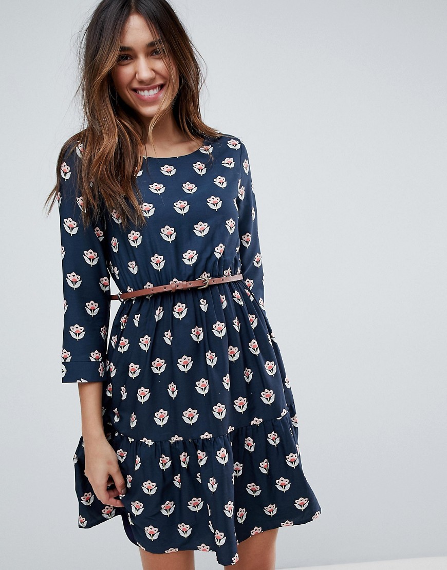 Yumi Long Sleeve Belted Dress in Tulip Heart Print-Navy