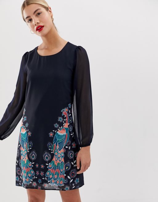 Yumi shift dress in placement peacock print ASOS