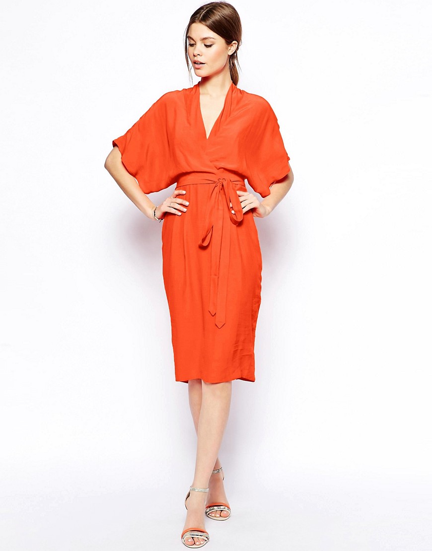фото Запашное платье-футляр в стиле кимоно asos-оранжевый asos design