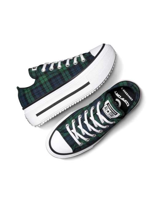 Zapatillas de deporte a cuadros escoceses verdes con plataforma Chuck Taylor All Star Lift Ox Double Stack de Converse, 2 de 4