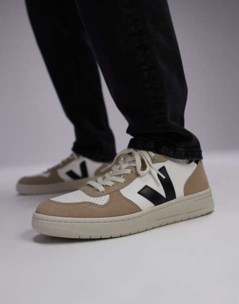 Zapatillas de deporte blanco intenso, negras y beis Sáhara de cuero sin cromo V-10 Chromefree de VEJA - view 1