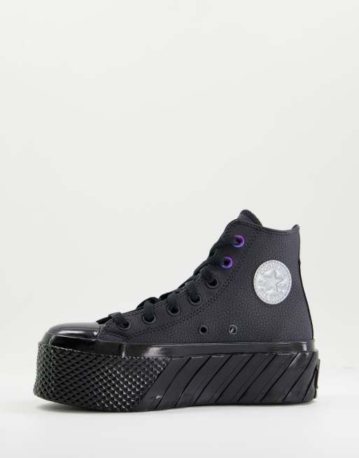 Zapatillas de deporte hi top negro triple con plataforma doble de cuero Chuck Taylor Hi de Converse