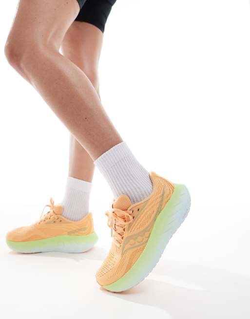 Zapatillas de deporte naranja melocotón y amarillo soleado para correr con amortiguación neutra Ride 18 de Saucony