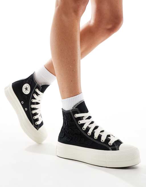Zapatillas de deporte negras con cordones gruesos y detalle floral de organza Lift Hi de Converse