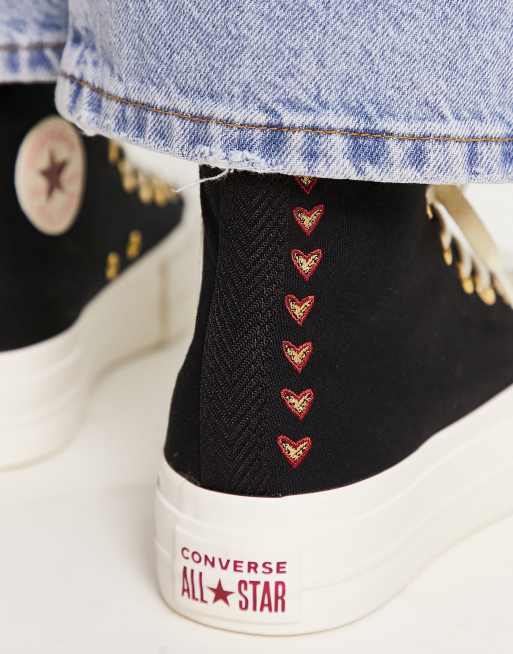 Zapatillas de deporte negras con plataforma y corazones bordados Chuck Taylor All Star Lift Hi Platform de Converse