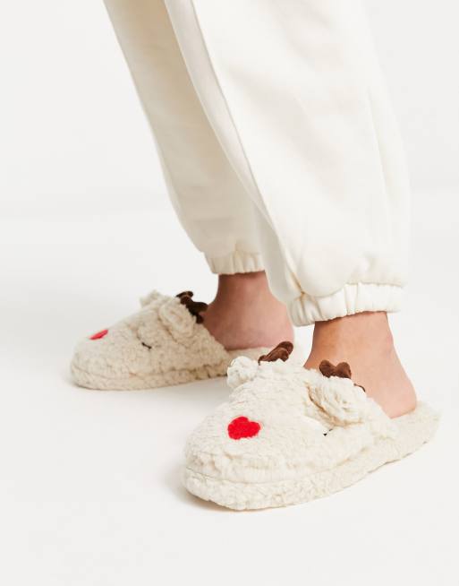 Zapatillas de estar en casa con diseño de Navidad de reno en crema