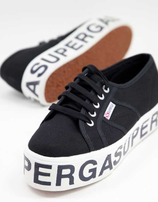 Una vez más Órgano digestivo práctico Zapatillas negras con plataforma plana y logo 2790 de Superga | ASOS