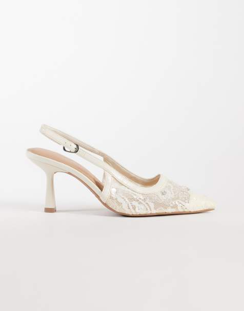 Zapatos blancos destalonados de tacón de malla y encaje de New Look - view 1