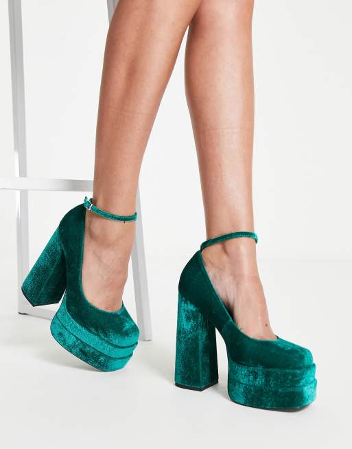 Zapatos color cerceta de tac n con plataforma doble de terciopelo Pistol de ASOS DESIGN