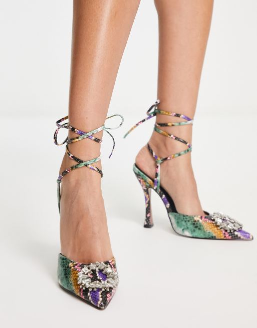 tonto castillo Responder Zapatos de tacón alto con estampado efecto serpiente, diseño anudado a la  pierna y abalorios Percy de ASOS DESIGN | ASOS