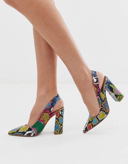 Tectónico Dando paz Zapatos de tacón cuadrado alto y tira trasera con estampado de serpiente  multicolor Penley de ASOS DESIGN | ASOS