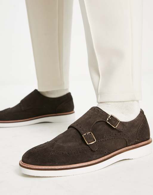 Zapatos Monk marrones tipo Oxford con suela blanca tipo cuña de ante de ASOS DESIGN
