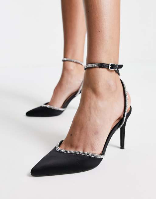 Zapatos negros de tacón medio con detalle de tira en el tobillo y strass de satén de New Look