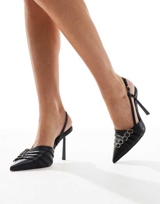 Zapatos negros destalonados de tacón alto con detalle de hebilla Lillie de London Rebel