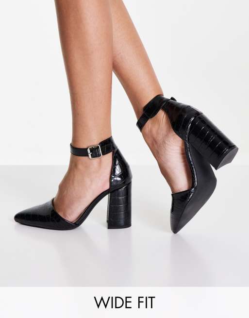 Zapatos negros efecto cocodrilo con puntera fina y tacón en bloque de London Rebel Wide Fit