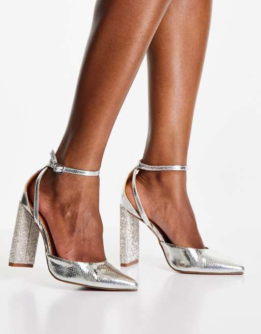 Zapatos plateados efecto serpiente con tacón alto y abalorios Praise de DESIGN | ASOS