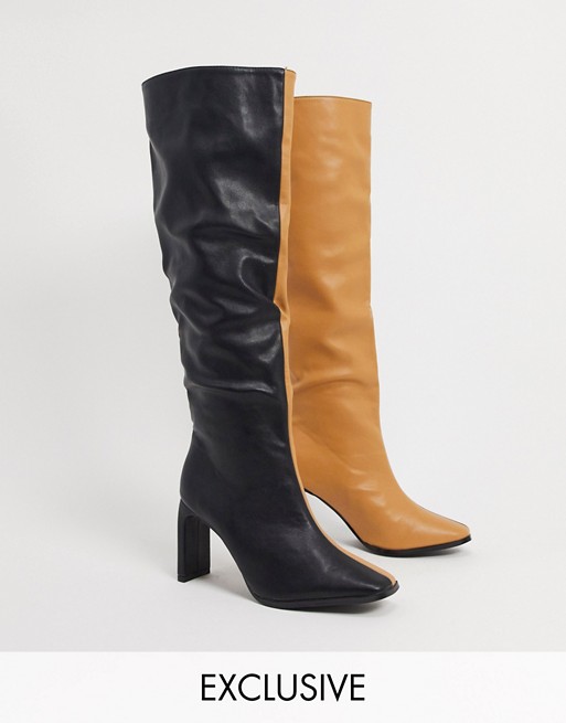 Z_Code_Z Exclusive Amari vegan square toe knee boots in black and camel mix