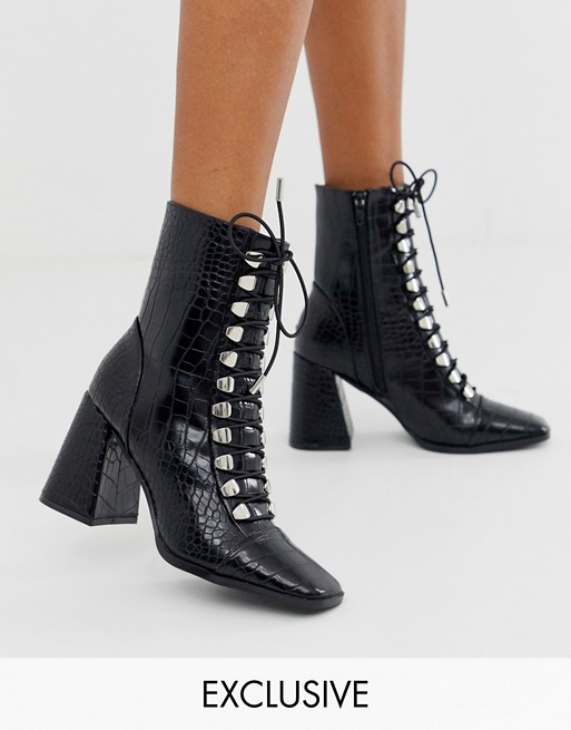 Z_Code_Z Exclusive Naara vegan lace up heeled ankle boots in black croc effect