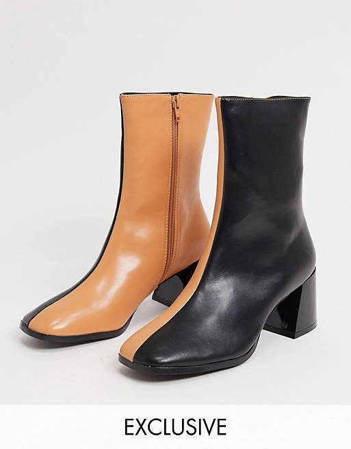 Z_Code_Z Exclusive Nat vegan square toe ankle boots in black and camel mix