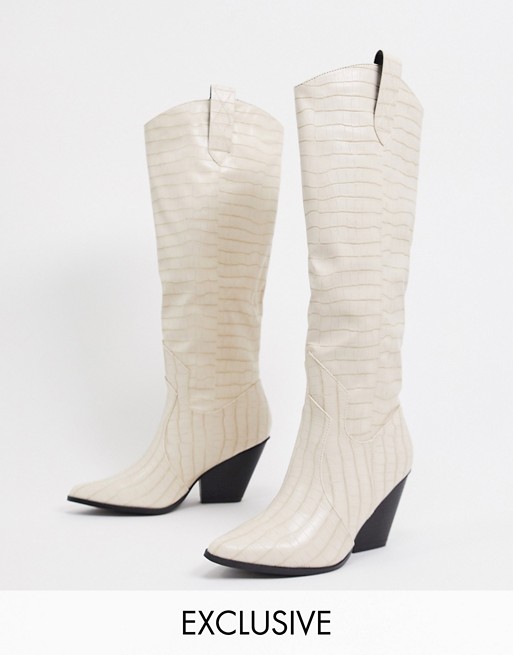 Z_Code_Z Exclusive Nuria vegan knee high western boots in bone croc