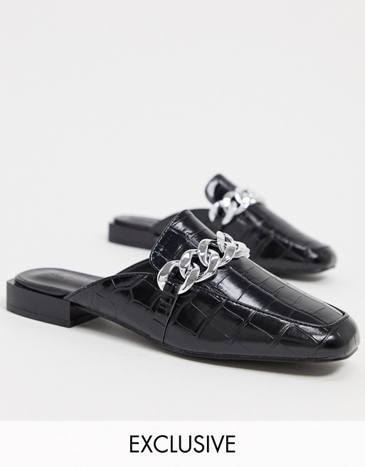 Z_Code_Z Exclusive Trace vegan blackless mules with chunky chain in black croc