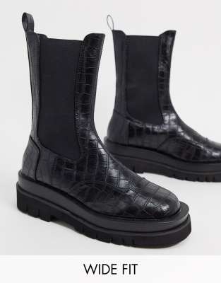 Z Code Z Wide Fit Nora Mid Calf Chunky Chelsea Boots In Black Croc In Black