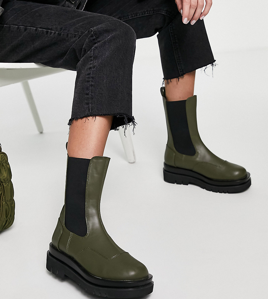 Z Code Z Wide Fit Nora mid calf chunky chelsea boots in olive-Green
