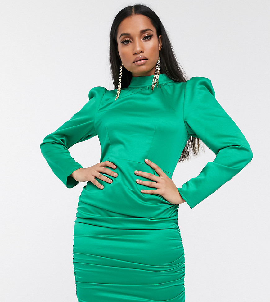 фото Зеленое атласное платье мини с высоким воротом missguided petite-зеленый