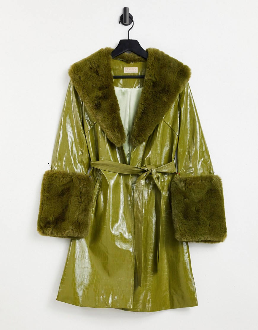фото Зеленое пальто миди с завязкой на талии и искусственным мехом jayley-зеленый цвет