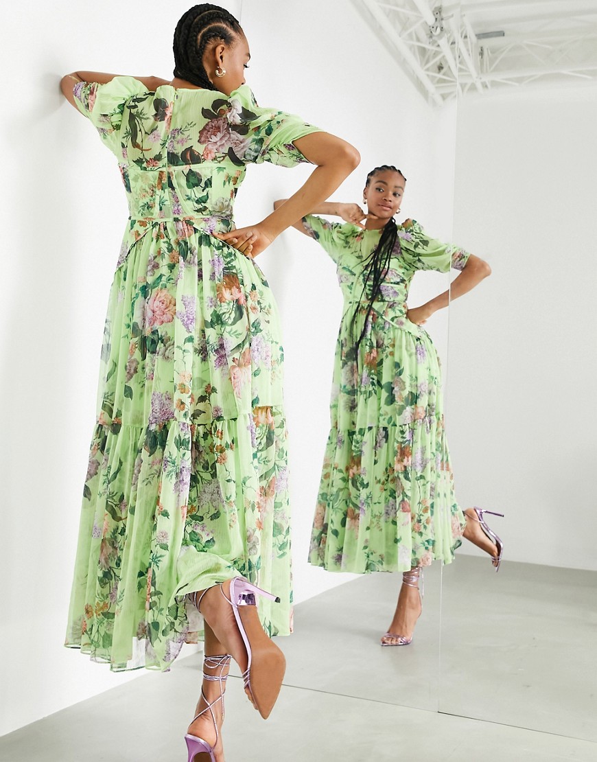 фото Зеленое платье макси с цветочным принтом и корсетной отделкой на лифе asos edition-multi