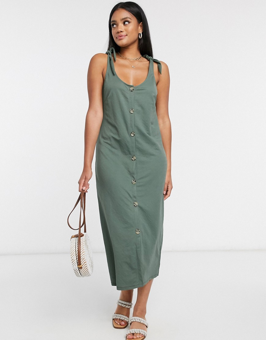 фото Зеленое платье миди на пуговицах с завязками на плечах vero moda-зеленый