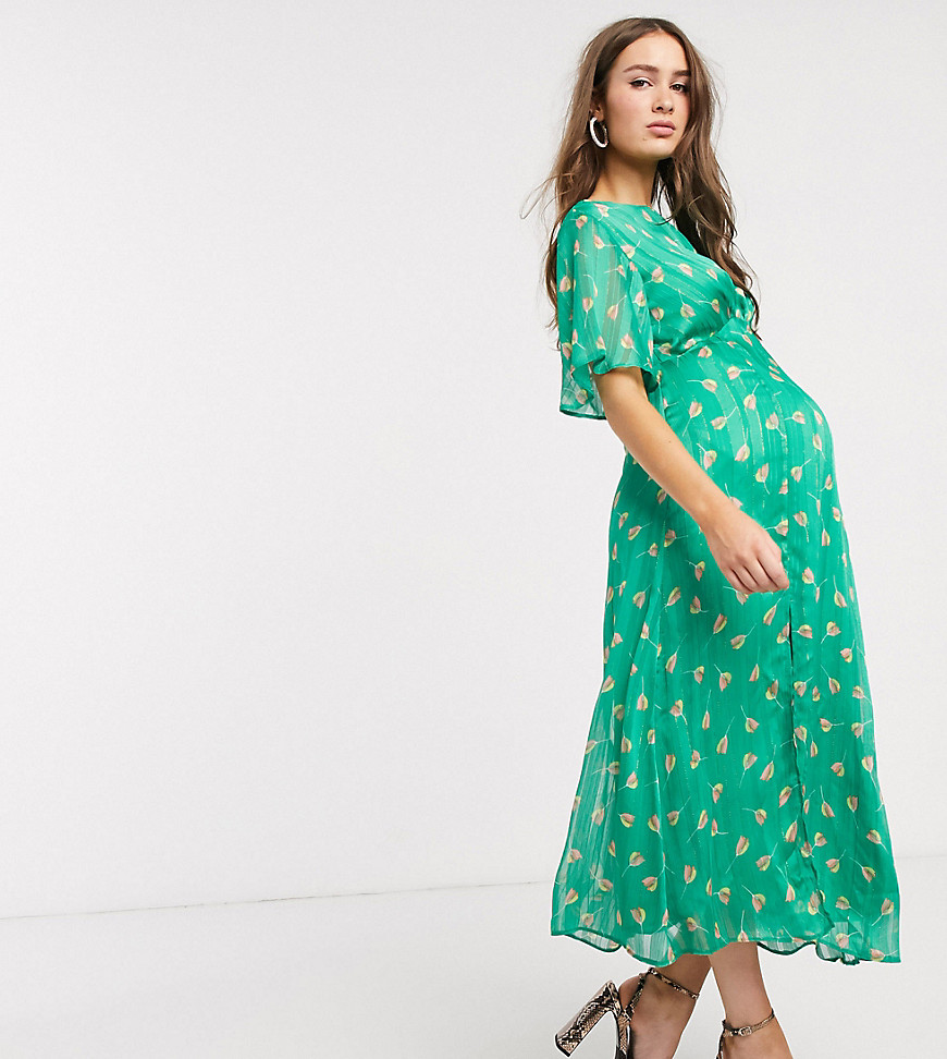 фото Зеленое платье миди с рукавами клеш и принтом тюльпанов queen bee maternity-мульти