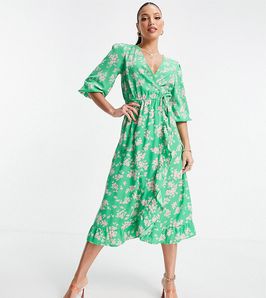 фото Зеленое платье миди с запахом и цветочным принтом new look tall-зеленый цвет