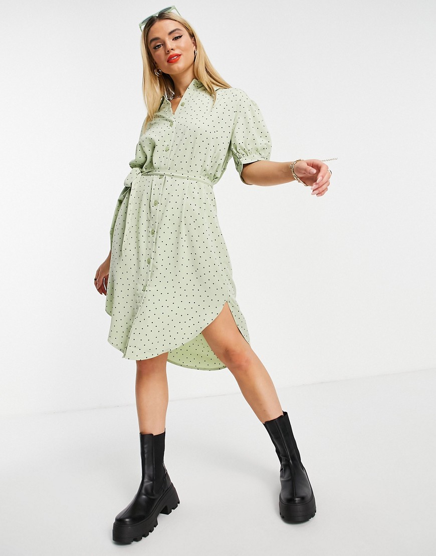 Зеленое платье-рубашка миди в горошек Valma-Зеленый цвет Monki 108073639