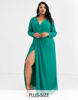 Зеленое платье с запахом и узлом TFNC Plus Bridesmaid-Зеленый