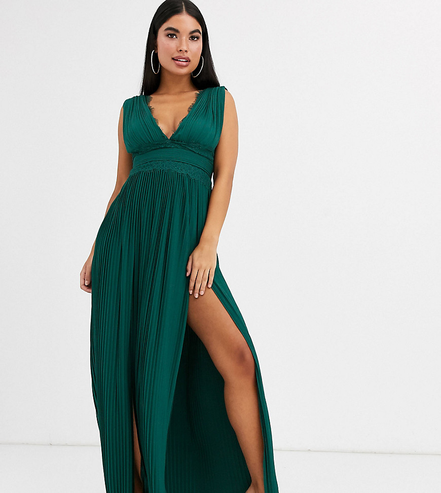 фото Зеленое плиссированное платье макси с кружевной отделкой asos design petite premium-зеленый asos petite