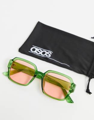  Зеленые солнцезащитные очки в квадратной оправе с розовыми стеклами ASOS DESIGN-Зеленый цвет