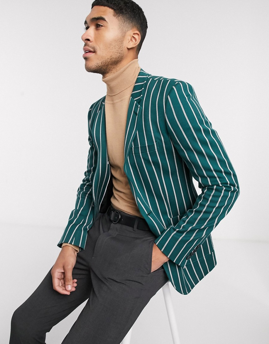 фото Зеленый супероблегающй пиджак в полоску с золотистыми пуговицами asos design