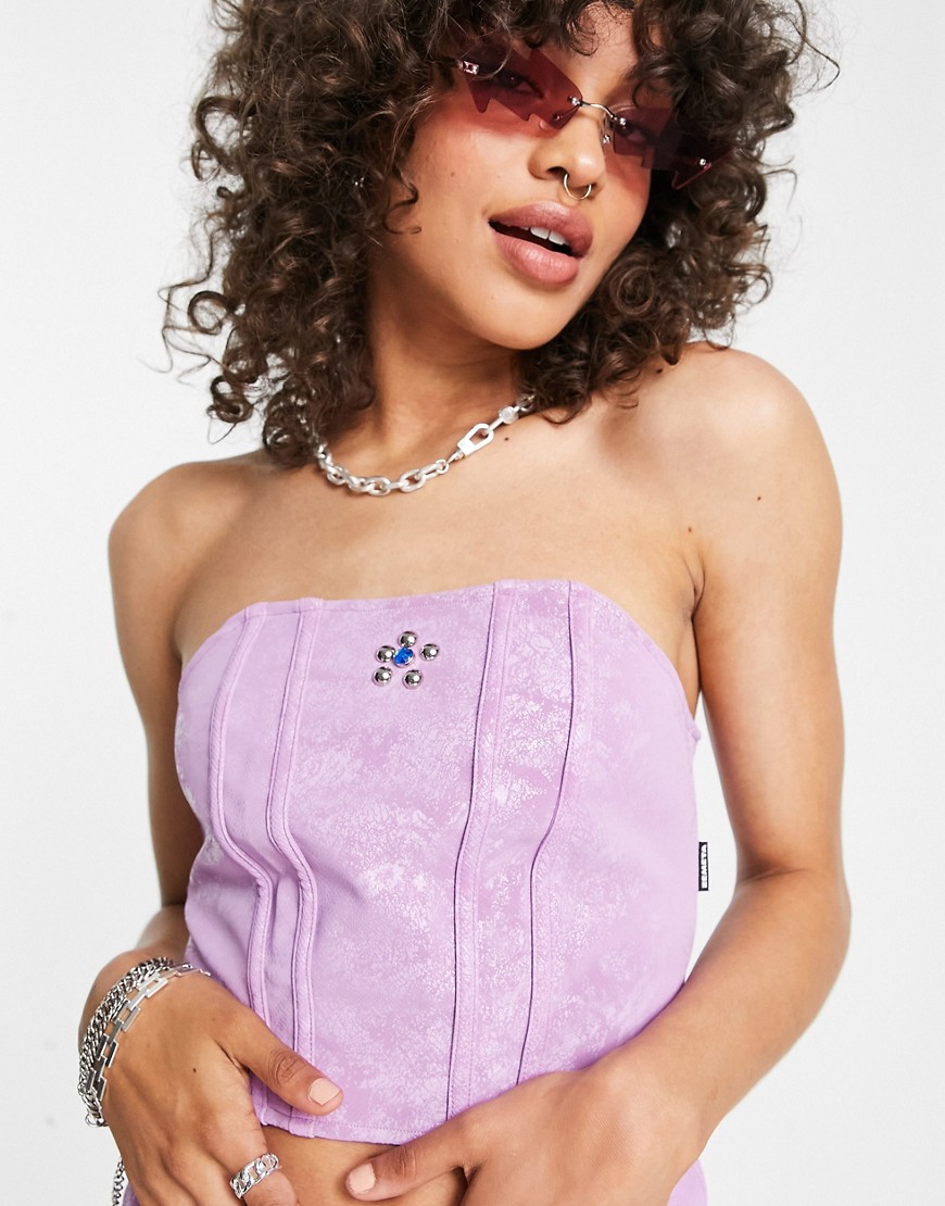 Zemeta cropped bustier with gem detail in purple suedette croc co-ord