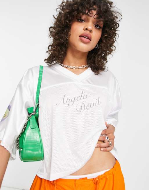 Zemeta cropped football jersey top with angelic text